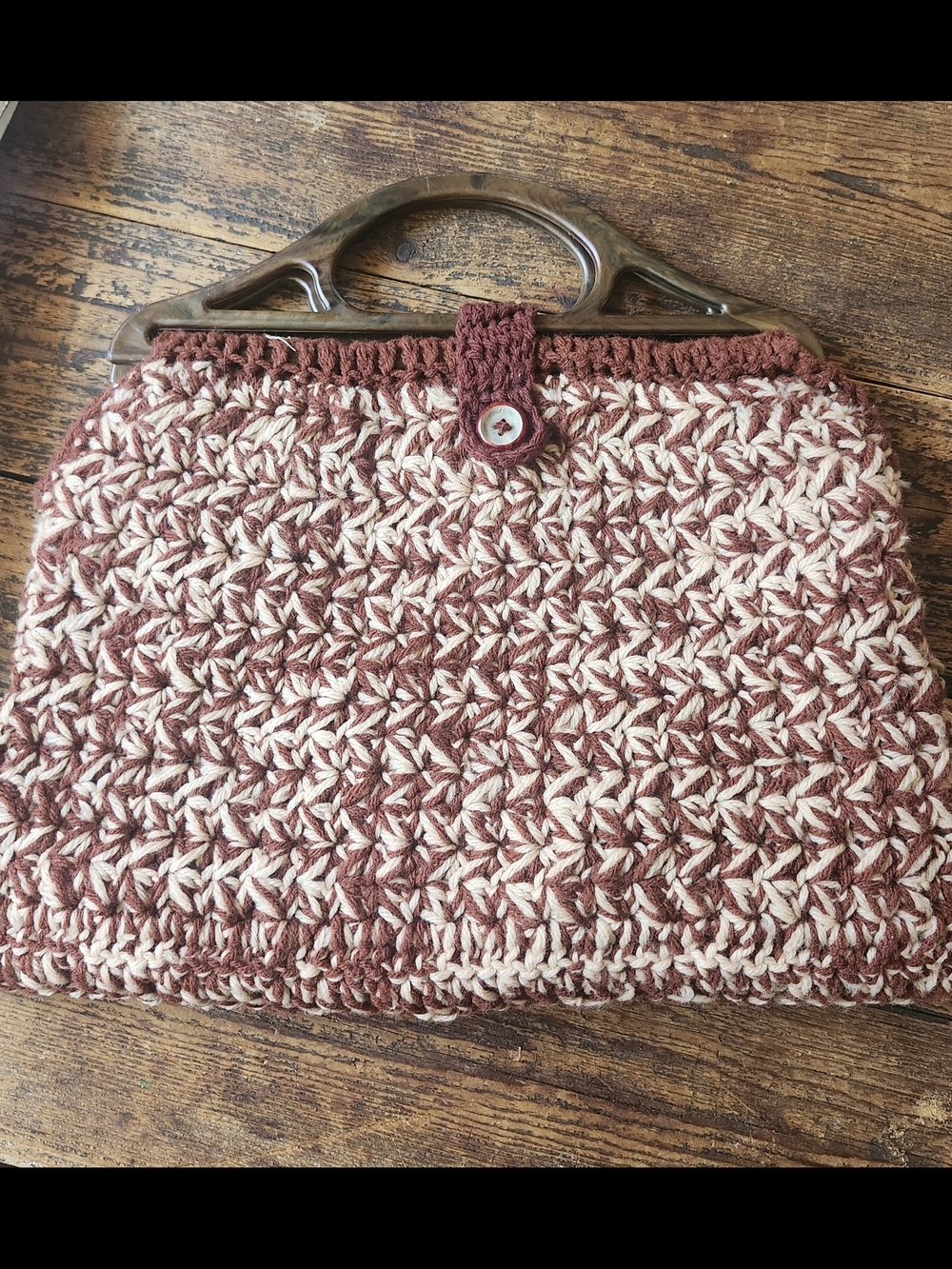Handmade Crochet Two-Tone Brown & Cream Tote Bag with Wooden Handles